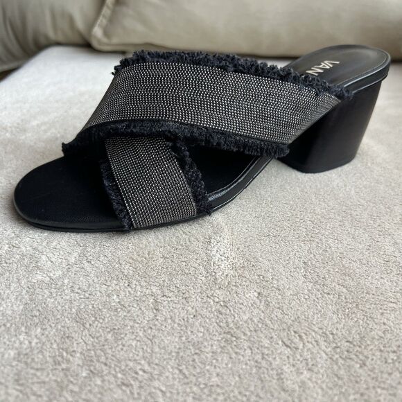 VANELi Baret Black Fringed Canvas Silver Small Studs Block Heel Sandal Women 6.5 - Picture 2 of 16